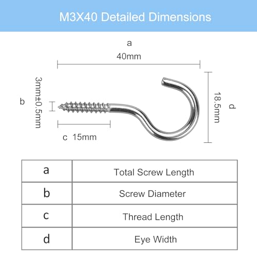 Diompirux Schraubhaken Edelstahl 16 Stück,Haken zum Schrauben M3x40mm,Hakenschrauben mit Gewinde,Edelstahl Deckenhaken,Einschraubhaken für außen,für Hängende Pflanzen Teetassen Schlüsse