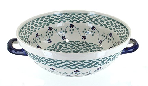 Blue Rose Polish Pottery - Green Sage Floral Colander - 11" x 9.5" - Ceramic Colander with Drain Holes