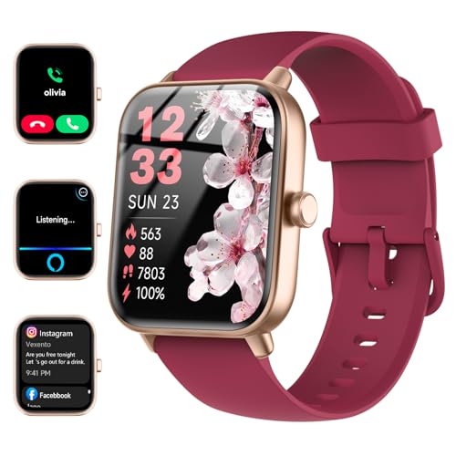 Image of Quican Smart Watches for Women, Compatible for iPhone and Android Phones | 1.8 inch Fitness Tracker Watch, Waterproof, Calling, Heart Rate /Sleep Monitor, Alexa, Gifts for Women, Silicone Band, Red