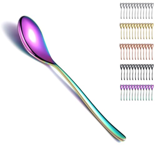 Kyraton Dinner Rainbow Spoons Set of 12 Pieces, 8" Titanium Colorful Plating Stainless Steel Table and Soup Spoons, Silverware Set, Dishwasher Safe