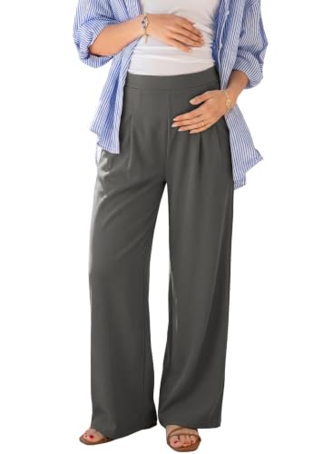 BLENCOT Womens Maternity Pants Wide Leg Pleated Adjustable High Waist Waffle Work Trousers Spring Activewear Elastic Solid Color Baggy Pregnancy Clothes Long Pants Large Carbon Grey