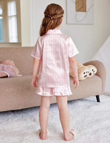 Arshiner Girls Pajamas Silk Satin Pajama Set 2 Piece Button Down Pjs Ruffle Sleepwear4