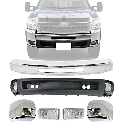 New Front Bumper Chrome Steel + Lower Valance Air Deflector Textured + End Caps + Fog Light For 2007-2010 Chevrolet Silverado 2500HD 3500HD Direct Replacement New Front Bumper Chrome Steel + Lower Valance Air Deflector Textured + End Caps + Fog Light For 2007-2010 Chevrolet Silverado 2500HD 3500HD Direct Replacement