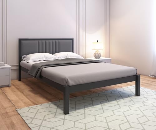 Image of Homdec Venus Wall-Supported Upholstered Headboard Metal Bed (Black, Double)