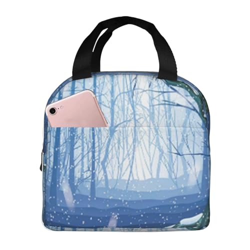 断熱ランチバッグ、大容量、防水、熱漏れ防止、スタイリッシュで丈夫、仕事、学校、アウトドア活動に便利、男女兼用(青い漫画の高寒い雪景色深い冬の森)