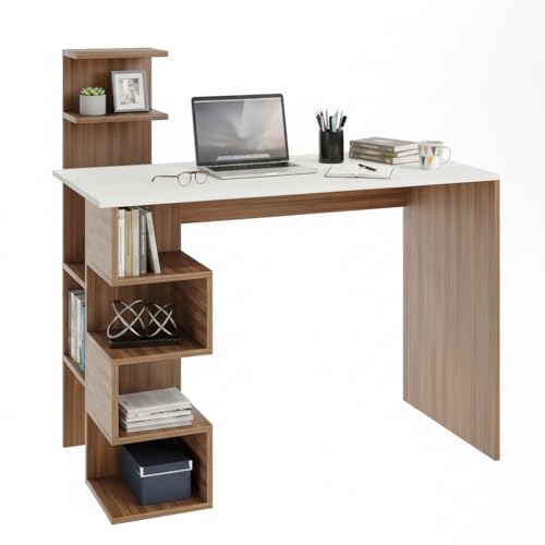 Image of FURNEASER Edward Modern Engineered Wood Study Table with Side Bookshelf Storage | Space-Saving Computer & Laptop Gaming Desk for Home Office | Wooden Writing Desk (Exotic Teak & White)