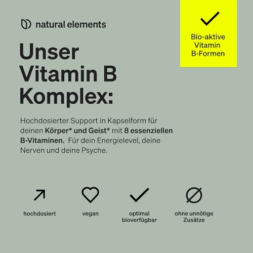 natural elements Vitamin B Komplex - 180 Kapseln - Hochdosiert: Mit 500 µg Vitamin B12 - alle 8 B-Vitamine (B1, B2, B3, B5, B6, B7, B9, B12) - vegan, in Deutschland produziert & laborgeprüft