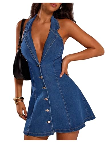 Floerns Damen Y2k Denim Neckholder Minikleid Ärmellos Tiefer V-Ausschnitt Knopfleiste A-Linie Ausgehen Jeanskleider, Mittlerer Waschung, X-Klein