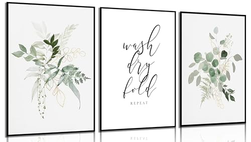 SMBFDLC 3Pcs Minimalist Green Leaf Laundry wall art Eucalyptus Wall Decor Botanical Canvas Posters Greenery Laundry Painting Prints “Wash Dry Fold Repeat” Picture for Bathroom Clean Room Unframed