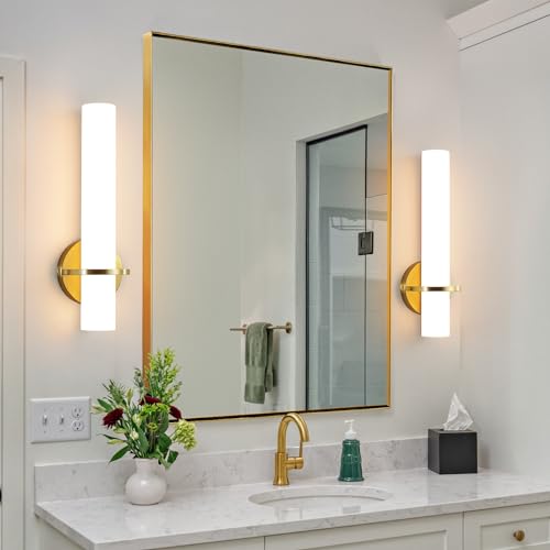 Image of AIJIASI Wall Sconces - 15 inch Gold Wall Sconces Set of Two Modern Bathroom Sconce 15W Dimmable LED Wall Sconce Light with Acrylic Lampshade, Bathroom Vanity Light for Mirror Living Room Hallway 3000K