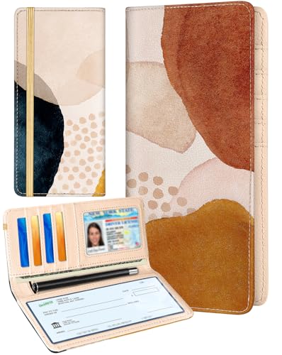 Image of Slohif Checkbook Cover for Personal Duplicate Checks - Leather Check Book Wallet Holder for Women Brown Art Print Top Side Tear