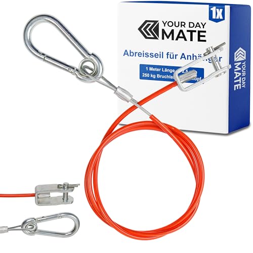Abreisseil für Anhänger, 1 Set, 1 Meter x Ø 2,5 mm Stahlseil mit Gabelkopf und Splintbolzen, 250 kg Bruchlast, in Rot, für alle Arten von gebremsten Anhängern und Wohnwagen, ummanteltes Fangseil AHK