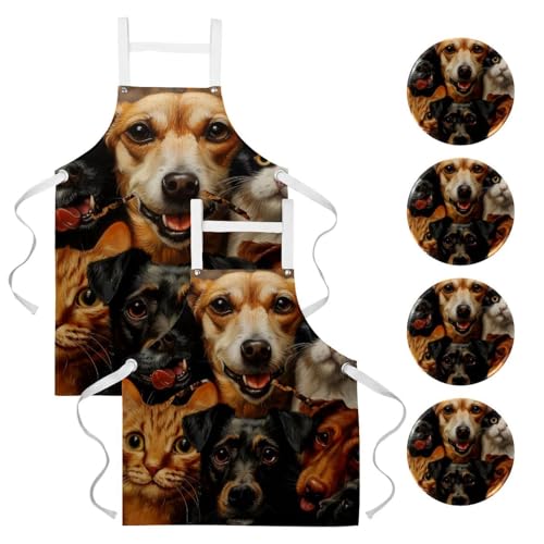 Lot de 2 tabliers de cuisine avec 4 broches motif chats et chiens heureux multicolore