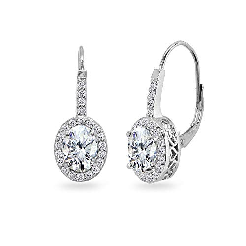 Sterling Silver Genuine or Synthetic Gemstone 8x6mm Oval Halo Drop Leverback Earrings for Women