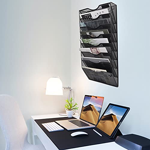 Easepres 8 Pockets Mesh Wall File Holder Organizer Office Hanging Magazine Rack, Black #TOP4