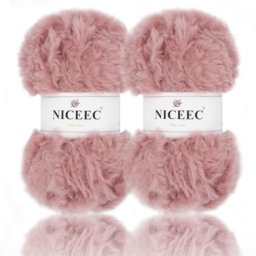 Image of NICEEC 2 Skeins Faux Fur Yarn Super Soft, Chunky & Fluffy, Eyelash Yarn for Crochet & Knitting (Total Length 70yds,3.53oz) - Incarnadine Pink