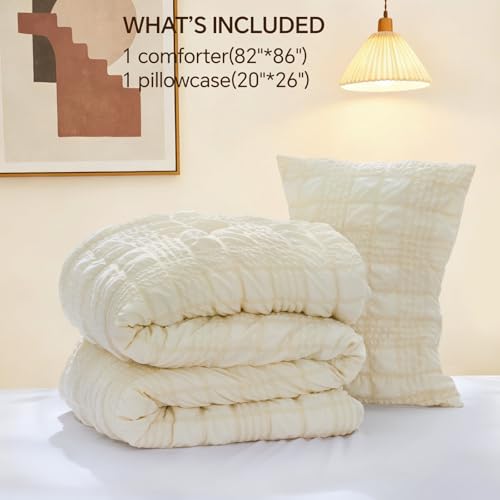 Image of BEDELITE Twin /Twin XL Comforter Set, Seersucker Bedding Set 2 Pieces, Cream | All Season Use, Machine Washable, Soft and Lightweight, Ruched Comforter for Bedroom and Dorm Room, Wrinkle-Resistant