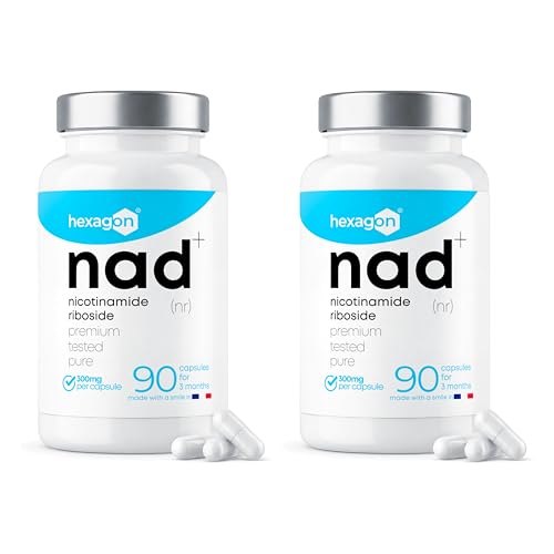 NAD+ Nicotinamide Riboside Chloride 300mg - +3 Meses de Cura - Contra la Edad y la Fatiga, NAD Booster - Polvo Puro, 90 Cápsulas - Grado Farmacéutico - Vegano - Hexagon (Paquete de 2)