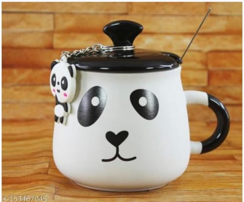 Image of Classy Corners Ceramic Panda Coffee Mug with LID, Spoon and Beautiful Keychain(Smily Panda)