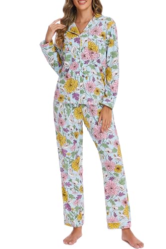 Image of LUBOT 100% Cotton Pajamas for Women Pajama Set 2 Piece PJ Sleepwear Set Soft Ladies Button Knit Long Sleeve Loungewear XS-XXL