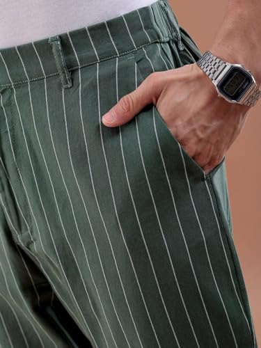 Image of The Indian Garage Co Men Relaxed Cropped Vertical Striped Mid-Rise Trousers