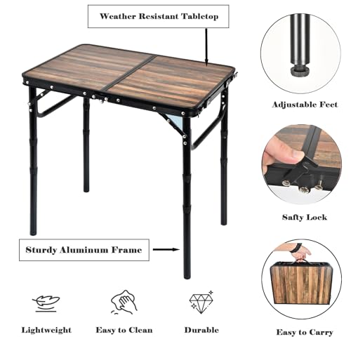 Small Folding Camping Table, 2ft Portable Picnic Table Aluminum 24" x 16" Folding Table, 3 Adjustable Heights Portable Lightweight Table Dining Table for RV, Picnic, Beach (Wood Grain) - Image 4