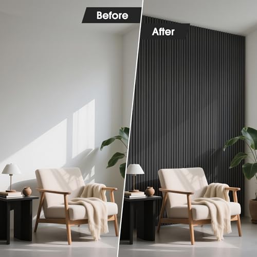 LARWORKS Wood Slat Wall Panels 4 Pack 94.5" x 7.9", Acoustic Wooden Panel for Wall, Soundproof 3D Fluted Panels for Interior Wall Decor, Living Room, Bedroom - Black (Cover Approx.21 sq.ft)