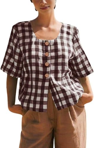chouyatou Women's Gingham Button Down Shirt Cotton Shirt Plaid Blouses Short Sleeve Summer Tunic Tops