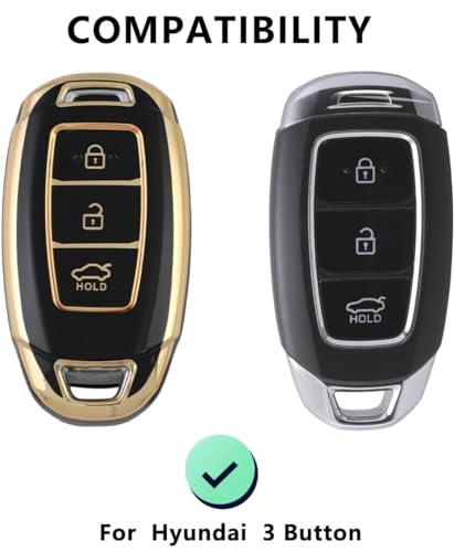 Image of TPU Car Key Cover Black & Golden Compatible for Hyundai Kona Electric, Verna (Hyundai, 3 Button Push Start Key)