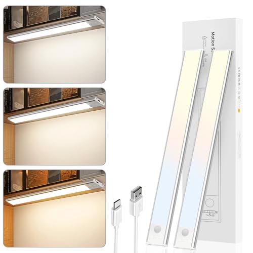 2 Piezas Luz LED Armario Recargable USB-C 2200mAh, Magnética y Regulable con 3 Tonos (3000K/4000K/6500K), con Sensor de Movimiento para Cocina, Escalera, Dormitorio, Pasillo (41CM)