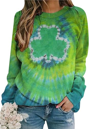 Image of Womens St. Patrick Day Lucky Clover Sweatershirt Crew Neck Long Sleeve Blouse Graphics Tie Dye Pullover