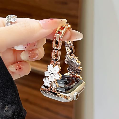 Coque et bracelet métal fleurs pour iWatch 9/8/7 41mm rose gold