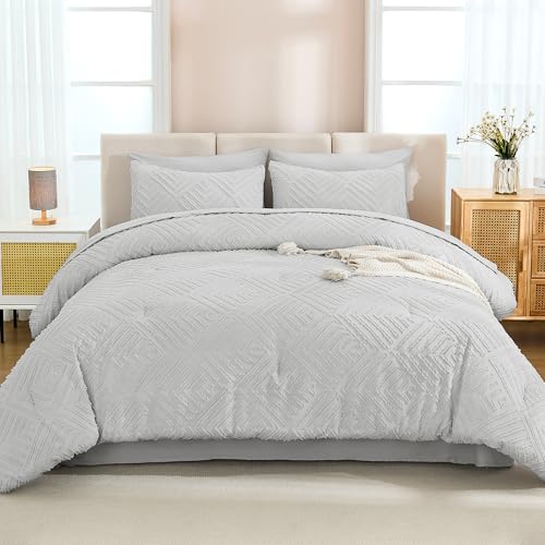 Image of Andency Light Grey Comforter Queen Size Set with Sheets - 7 Pieces Boho Bed in a Bag Tufted Bedding Sets Lightweight All Season Bed Set with Comforter, Sheets, Pillowcases & Shams