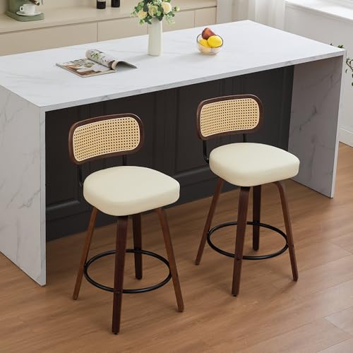 Image of YaFiti Counter Height Bar Stools Set of 2, 26 inch Rattan Counter Height Stools with Upholstered Seat, Walnut Craftsmanship, Swivel Counter Stools for Island /Kitchen /Counter /Bar (Pearl White)