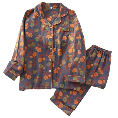 Image of Vintage Leaf Cotton Lapel Loungewear Set, Ginkgo Leaf Button Colorful Floral Pure Pajama, Women's Fashion Sleepwear
