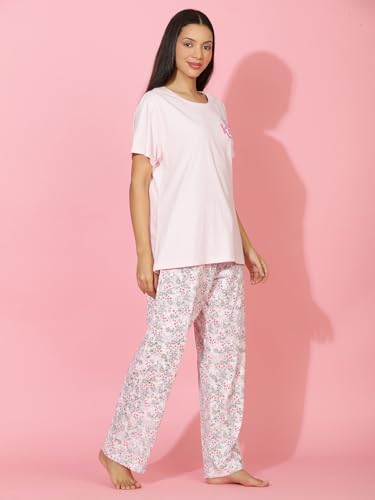 Image of HOMEGROWN Women's 100% Cotton Night Suit | Half Sleeve T-Shirt & Pyjama Set | Soft & Breathable Summer Sleepwear | XS-XXL