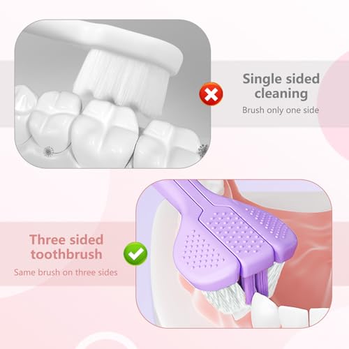 4 Stück Triplebrush Kinder,Triple Brush Dreiseitige Zahnbürste für Kinder,3-Sided Toothbrush,Dreikopfzahnbürste.Weich und Langlebig,360-Grad-Reinigung,Geeignet für kids 1-14 jahre