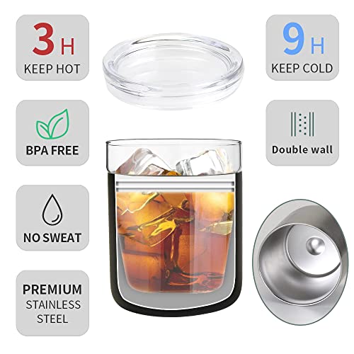 Vastigo Whiskey Glass Cups Cooling With Insulated Stainless Steel Sleeves, Removable Glass Insert, 10Oz Double Vacuum Insulated Steel Base Liquor Tumbler, Keep Cool-Stainless #TOP1