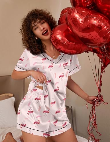 Image of Ekouaer Silk Pajama for Women Short Sleeve Satin Pj Set Two Piece Soft Sleepwear Loungewear S-XXL
