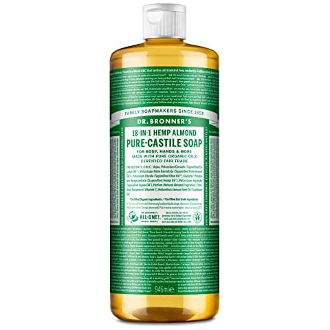 Dr Bronner's 18-in-1 Almond Pure-Castile Liquid Soap, Made with Organic Oils, Used for Face, Body, Hair, Laundry, Pets and Dishes, Certified Fair Trade & Vegan Friendly, 946ml Recyled Bottle Cover