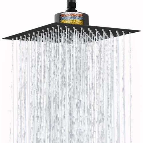 Nuodan Large Rain Shower Head with Filtered - 12 All Metal Square Rainfall Showerhead Filter for Remove Chlorine and Harmful Substances Matte Black