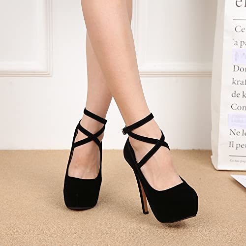 Ochenta Women's Ankle Strap Platform Pumps Strappy High Heels Sexy Stiletto Shoes Dress Party Velvet Black 46 - Us 12 #TOP2