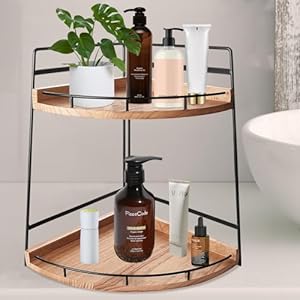 MANOKVENT Wood Bathroom Organizer Countertop,2 Tier Wooden Bathroom Counter Sink Organizer,Corner Storage Shelf for Kitchen Storage and Decor Vanity and Cosmetic Storage