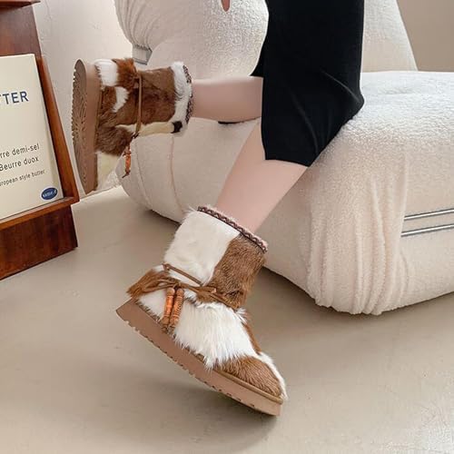 Winter Fur Boots for Women Real Sheepskin Furry Boots Mid-calf with Lace(Maillard, 7)
