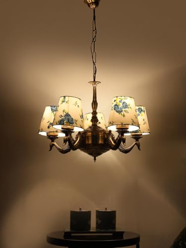 Image of Devansh 05-Light Printed Conical Multicolor Cotton Shade Chandelier - Antique Golden Finish | Adjustable Cord | Warm Glow Lamp - Ceiling Light for Living Room, Dining Area, BedroomDecor - D2
