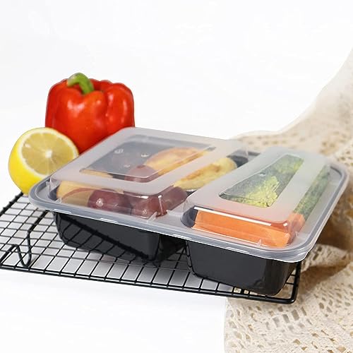 صندوق بينتو بقسمين واغطية لحفظ ماكولات الغداء بشكل قابل للتكديس خال من BPA هو امن للاستخدام في الميكروويف وغسالة الصحون والثلاجة البيادر - 10 قطع 32 اونصة بلاستيك أسود