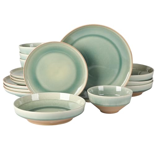 Image of Gibson Elite Hailstone 16 Piece Stoneware Reactive Glaze (Service for 4) Ceramic Plates and Bowls Dinnerware Set - Tropical Green