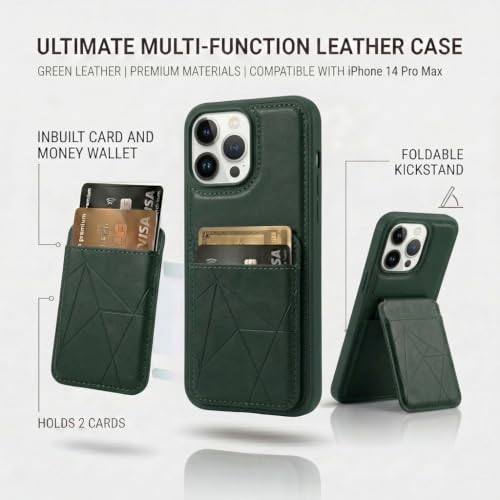 Image of amazon basics Premium Vegan Leather Back Cover with Card Holder and Integrated Mobile Stand for iPhone 14 Pro Max - Slim Shockproof Wallet Case with Geometric Stitching [Green]