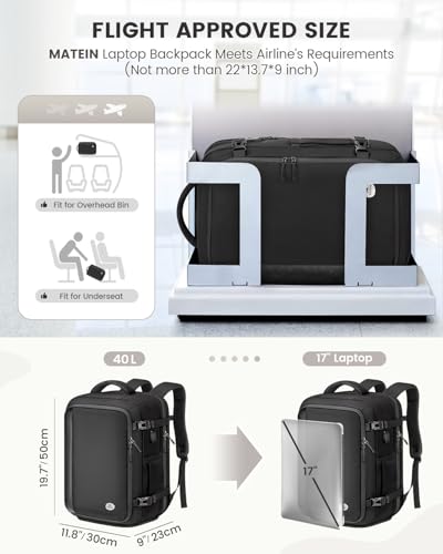 Image of MATEIN Travel Backpack with Shoe Compartment for Men, 17 Inch Underseat Laptop Bag for Women with Wet Dry Pocket, 40L Water Resistant Backpack for Business Luggage, Black