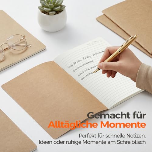 Foliom 5er set Notizbuch A5 Liniert - Kraftpapier Notizheft mit Fadenbindung - 60 Seiten (80g/m²) Beiges Papier - Skizzenheft Klein Flachliegend für Schule, Büro & Reise
